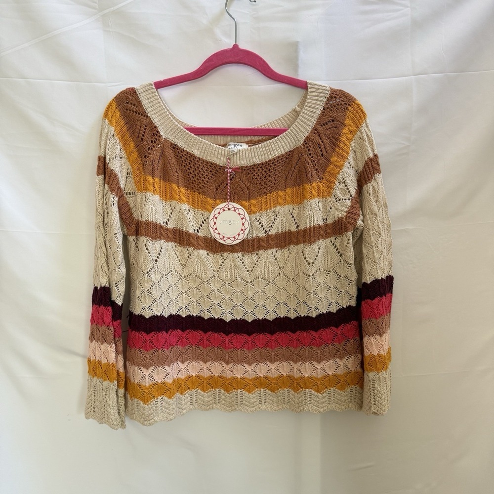 NWT Umgee USA Women's L Multi Color Crochet Open‎ Knit Sweater Flare Sleeve boho